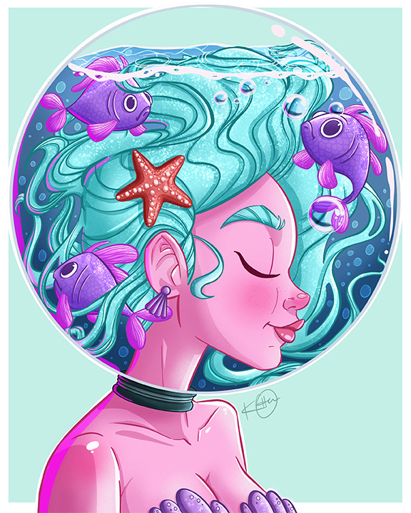 Mermaid with fishes in bowl helmet illustration